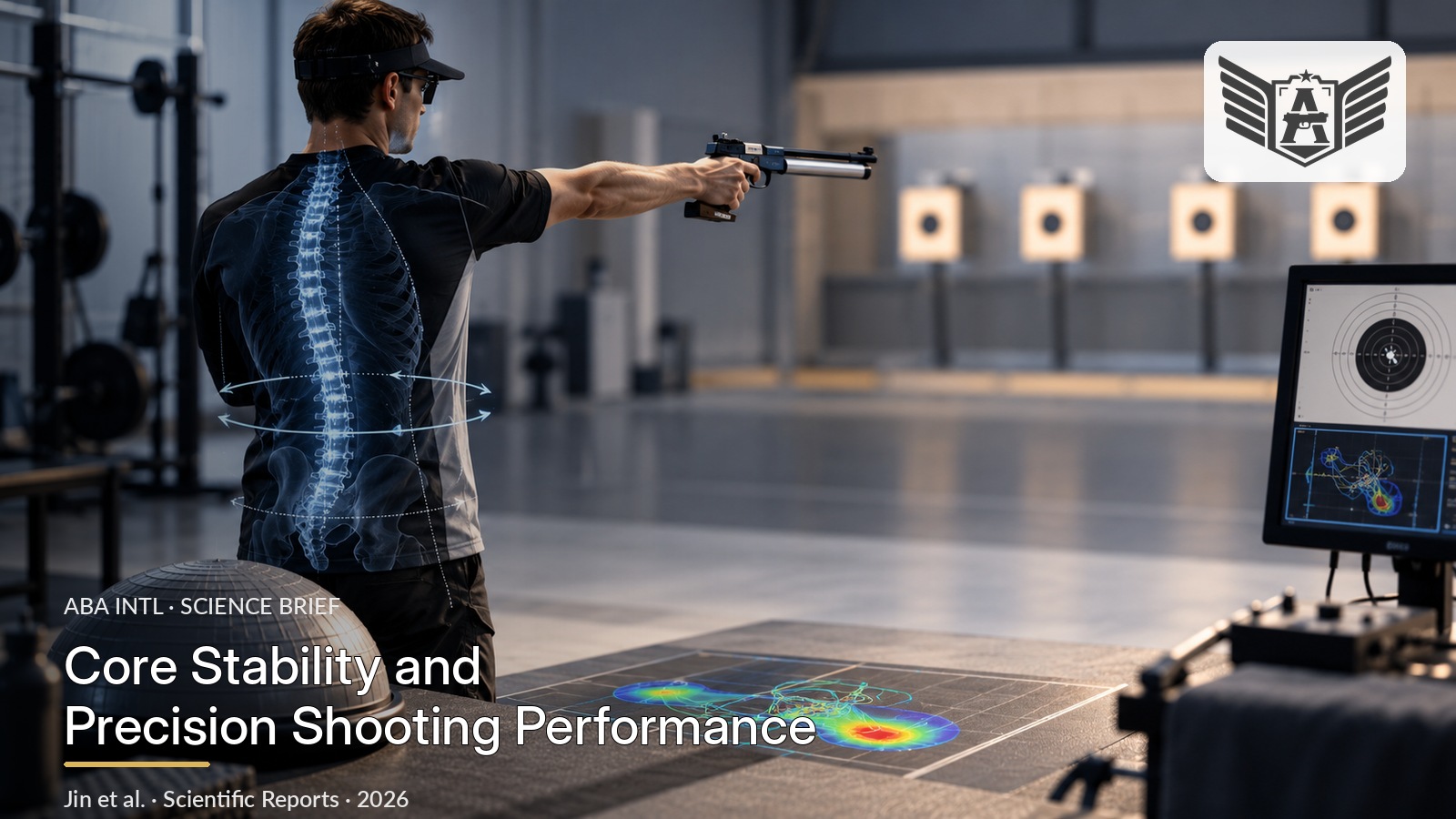 ABA Intl scientific communication cover on core stability, postural control, and elite precision pistol shooting.